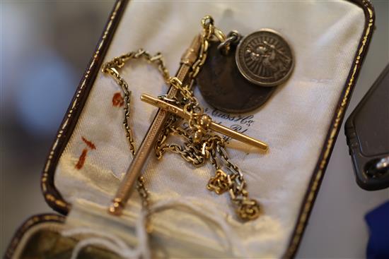 An 18ct two colour gold keyless dress pocket watch and an 18ct gold albert hung with a coin, medallion and 9ct gold swizzle stick,